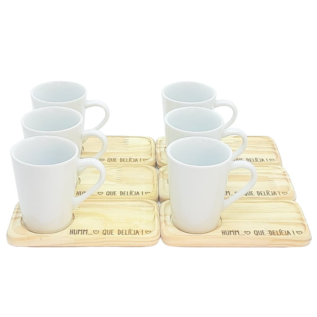 kit Jogo 6 canecas café/chá cônicas 220ml c/ pires Pinus - Porcelana branca