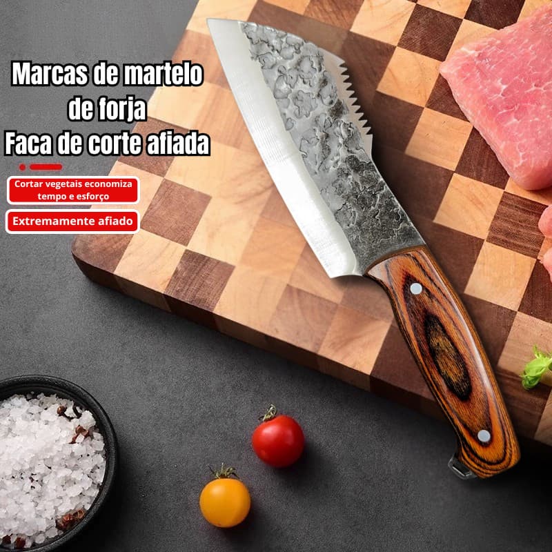 Cutelo Forjado Artesanal Rústico para Camping, Chef de Cozinha e com Bainha de Couro