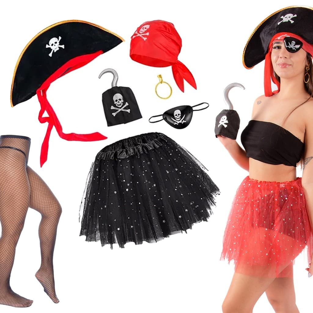 Fantasia de Pirata com Meia Saia Chapeu e Acessórios Feminino Adulto Juvenil