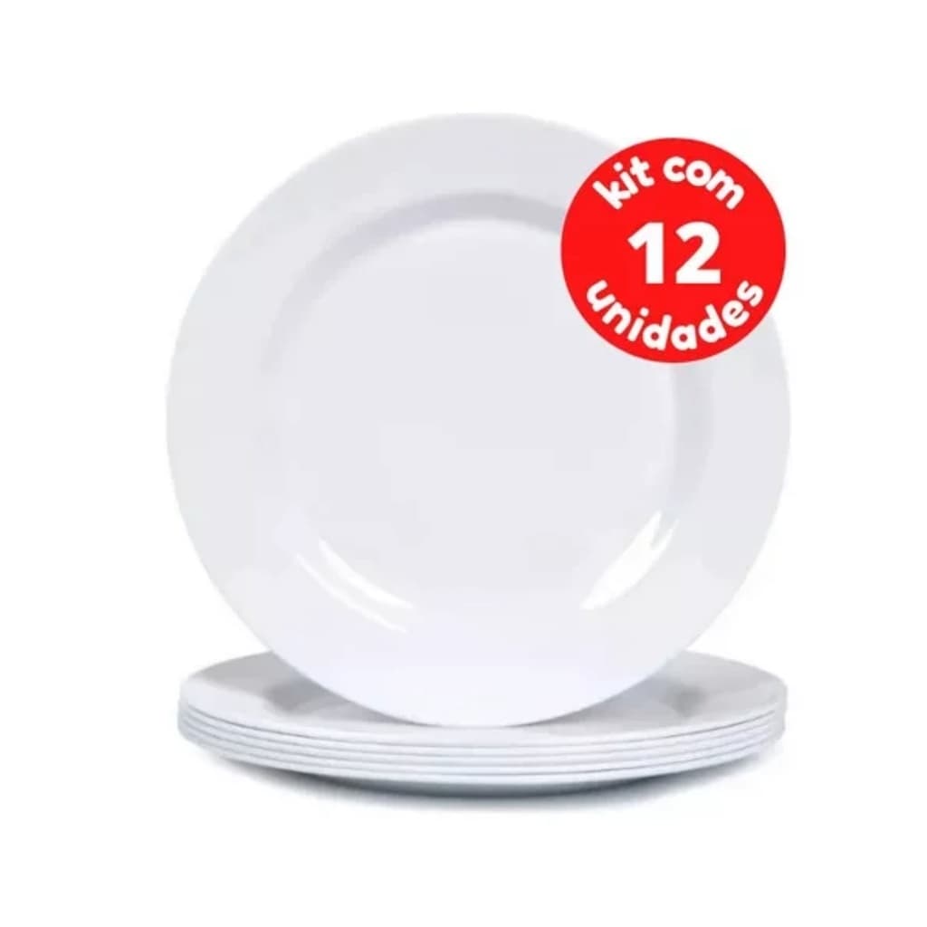Kit Jogo 12 Pratos Raso Branco de Melamina Resistente Tamanho 25cm Buffet Hotel Decoração