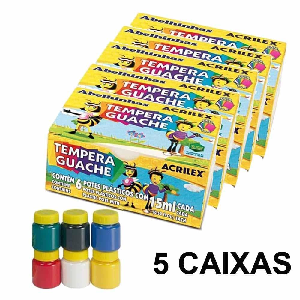 Kit 5 Tinta Guache 15ml Estojo com 6 Cores Material Escolar Infantil Tinta Colorida Acrilex