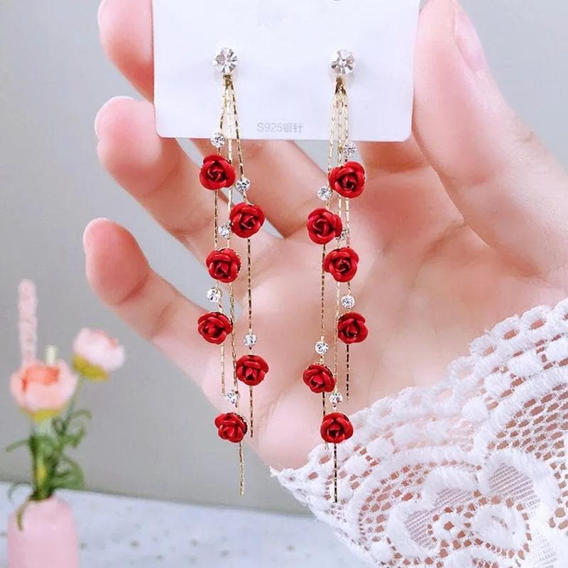 Brinco Retrô Com Borla E Flor De Rosa Para Mulheres Strass Longo Borla Flores Meninas Joias Para Festa De Casamento
