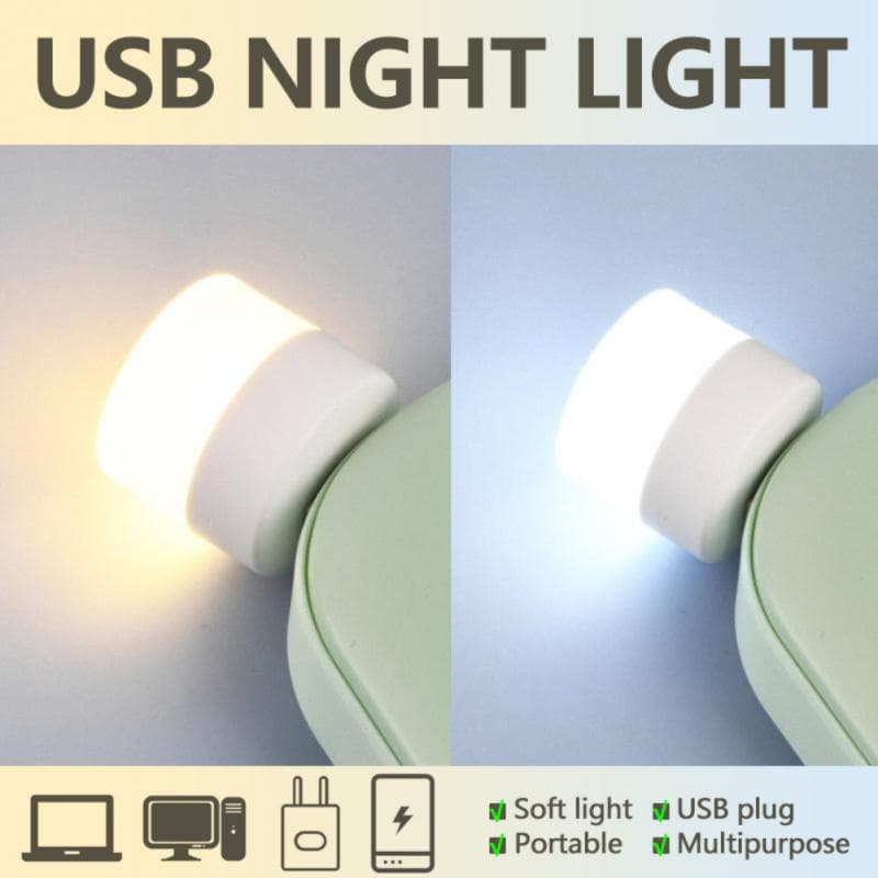 Lâmpada Noturna Redonda USB, Luz de Leitura Portátil com Função de Carregamento para Celular e Computador