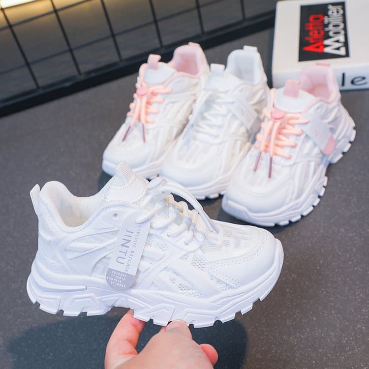 【 TH.Baby 】 Korean Sapatos De Tênis De Sola Grossa Para Meninas Tamanho Rosa E Branco 26-37