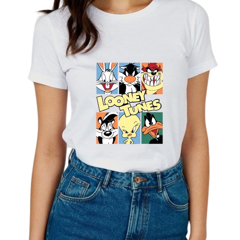 Camiseta Manga Curta Feminina Estampa Looney Tunes Gola Ribana