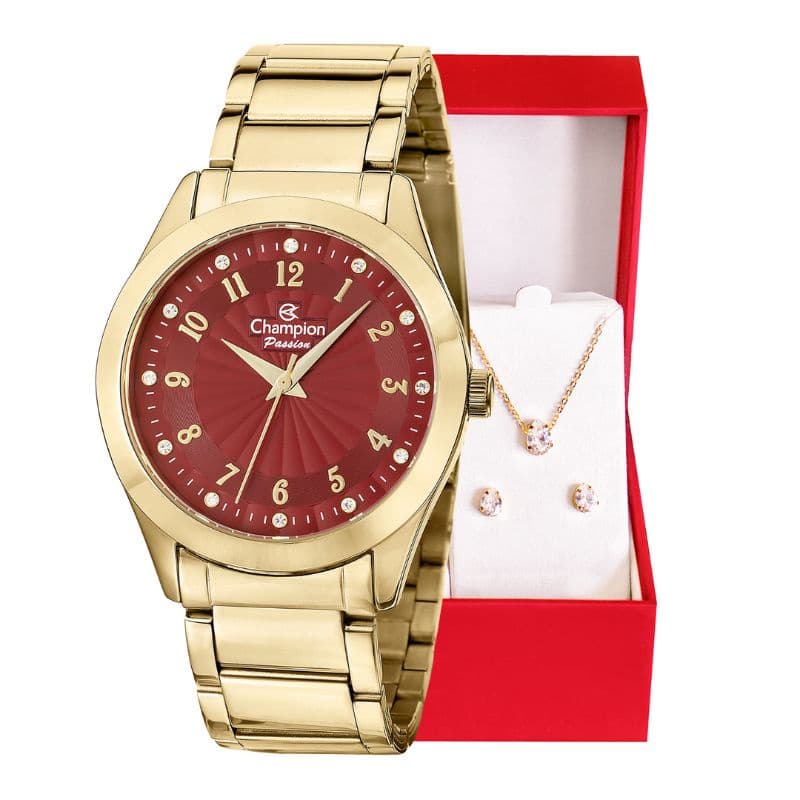 Relógio Champion Feminino Analógico Dourado com fundo vermelho + Colar e Brincos CN29409X Relógio de pulso feminino