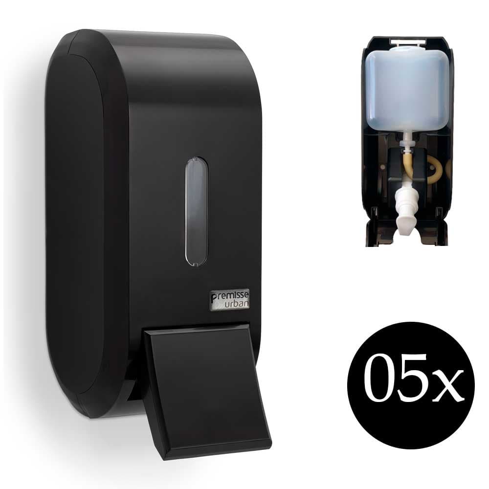Jogo Kit 5 Saboneteira Dispenser álcool gel sabonete líquido saboneteira porta sabão Urban Premisse reservatório preta alco lavabo academia condominio elevadorbanheiro