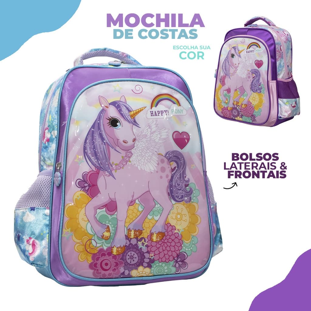Mochila de Costas Unicórnio Happy Ponny Poney Escolar Infantil Feminina