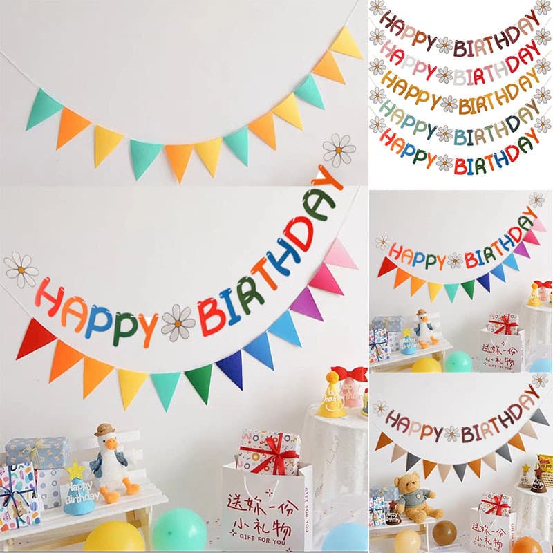 Bandeira Pendurada Decoração Não Tecida Bandeiras Pequenas Margaridas Feliz Aniversário Carta Puxar Jardim De Infância Do Primeiro Bebê