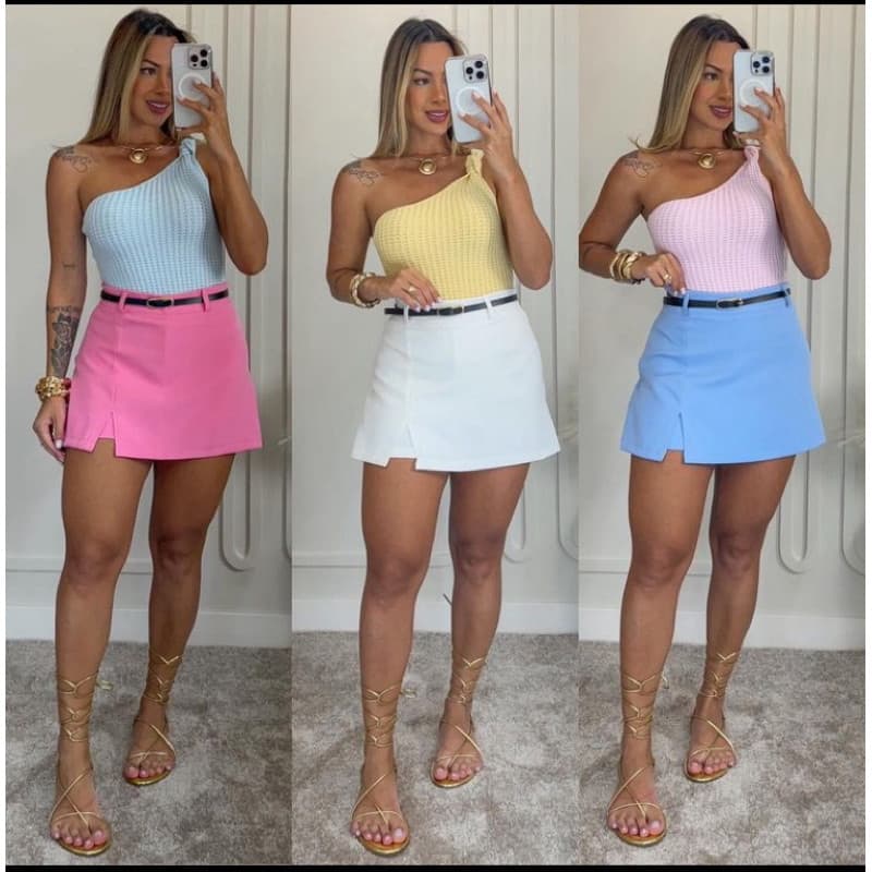 Short Saia Alfaiataria Fenda na Lateral com Cinto Tendência Candy Colors