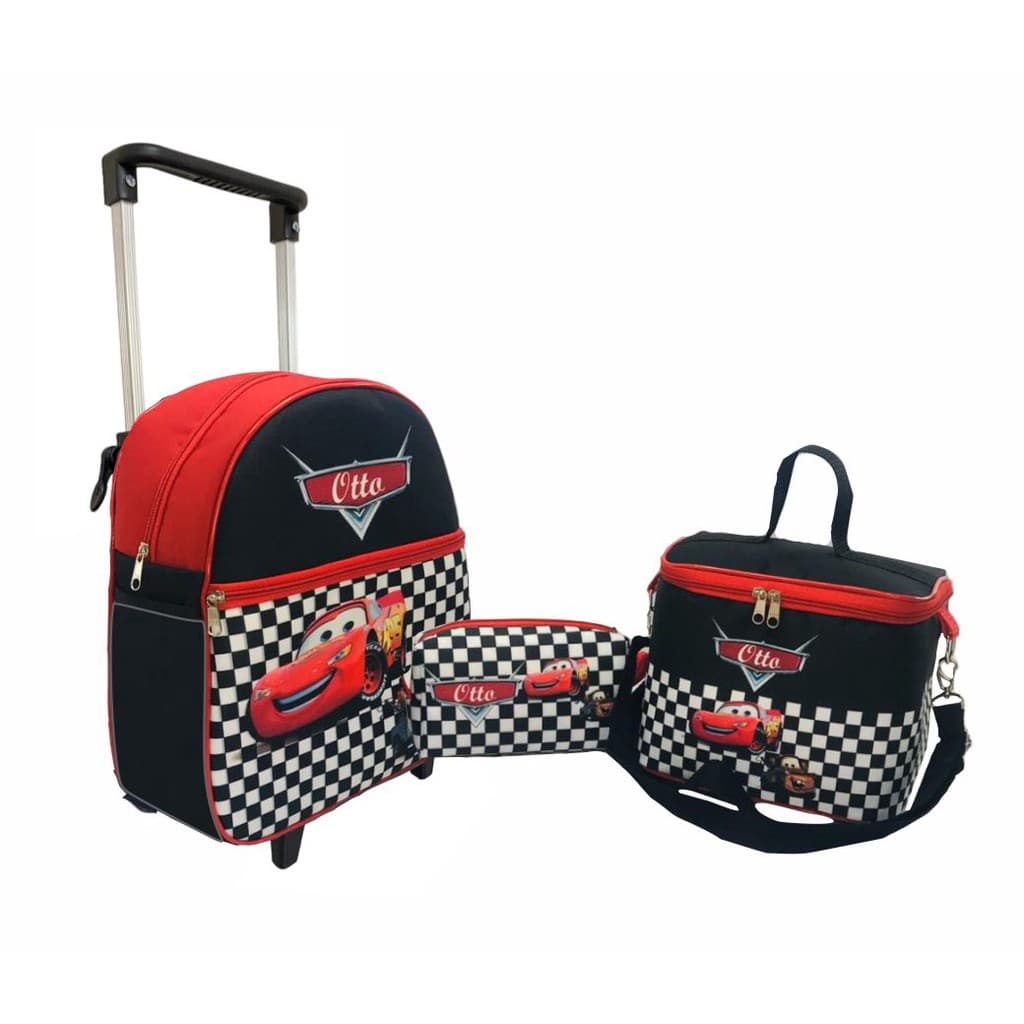 Kit Mochila 3 Peças Carros de rodinhas carrinho personalizada com o nome