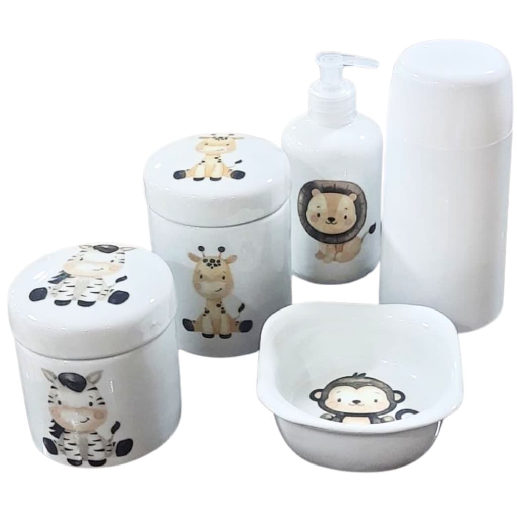Kit higiene bebê Safari 5 peças - potes, porta álcool, garrafa térmica e molhadeira - Peças Porcelana