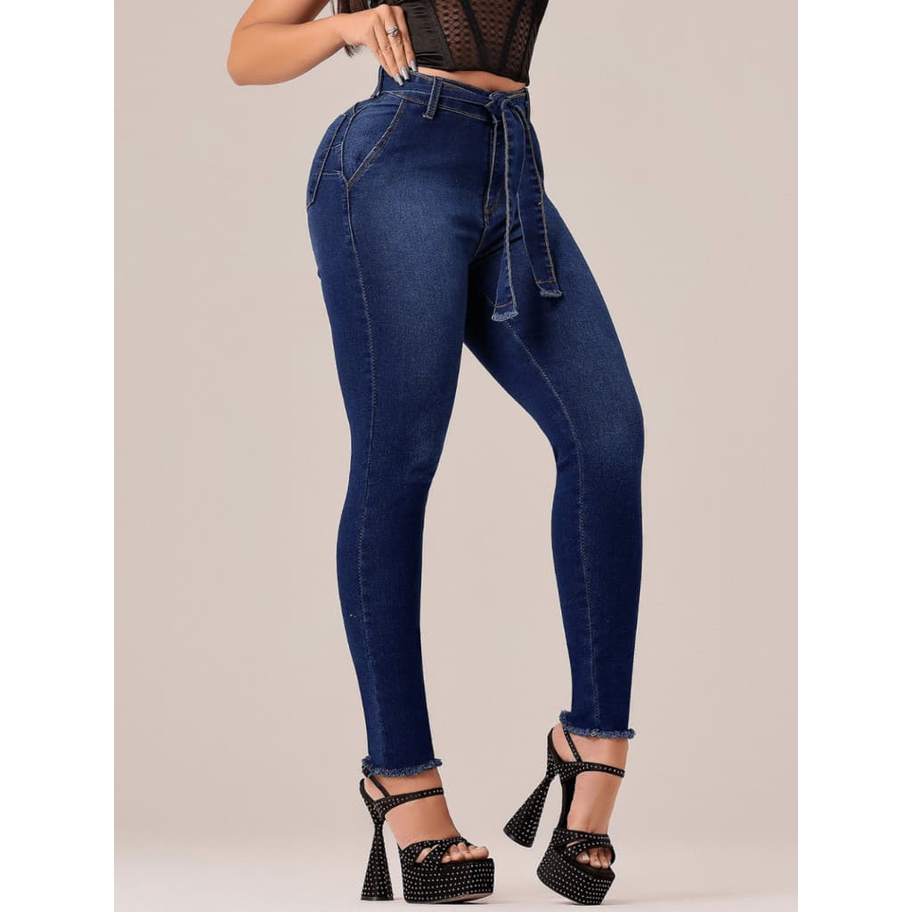 Calça Jeans Feminina Skinny Com Cinto Cintura Alta Elastano Barra Desfiada Calça Feminina
