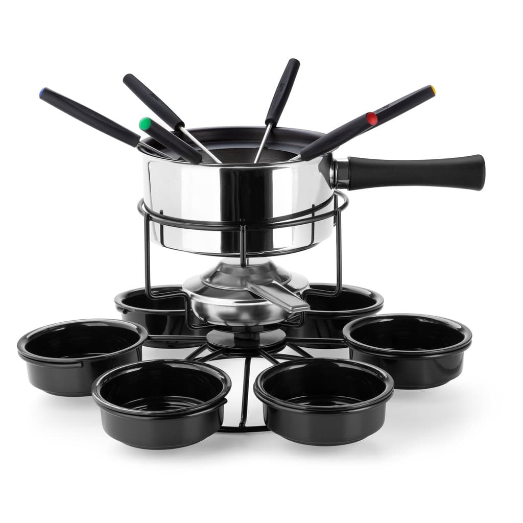 Aparelho De Fondue Inox Carroussel Base Giratória 17 peças Para Fondue Salgado Óleo Carnes Ki Serviço Potes Molhos Giram