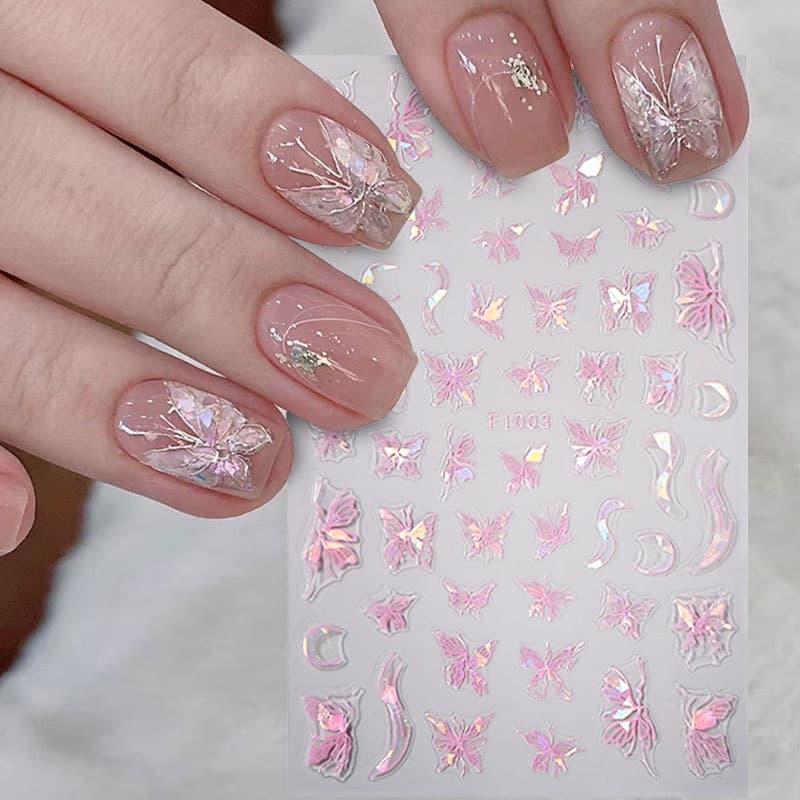 3D Borboleta Etiqueta Da Arte Do Prego Laser Branco Rosa Preto Borboletas Estrela Asa Sliders Y2K Design Manicure Decora
