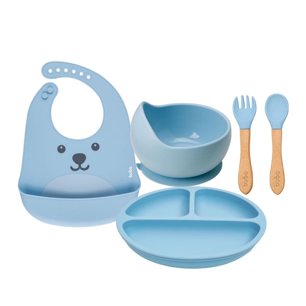 Kit Refeição da Buba com Pratinho Bowl Babador e Talheres de Silicone com Ventosa