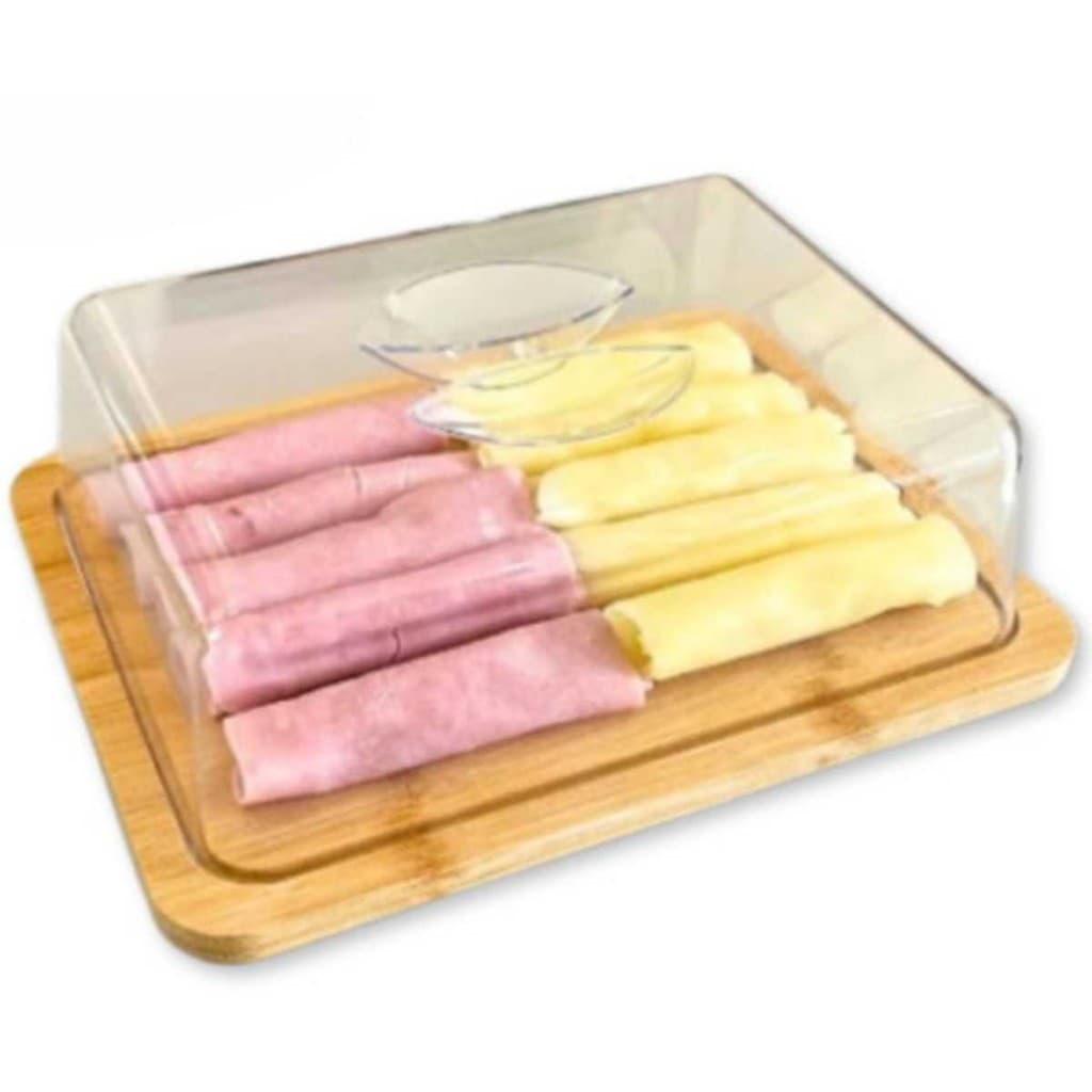 Porta Frios Alimentos Retangular De Bambu Com Tampa Acrílica
