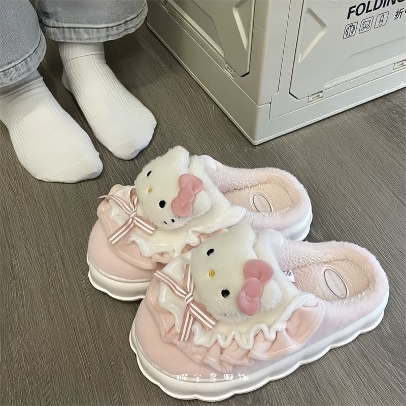 [Haroro] Chinelos De Algodão Hellokitty Kuromi Cute Lace Mymelody Internos Para Casa Antiderrapante Quente Fechado Dedo