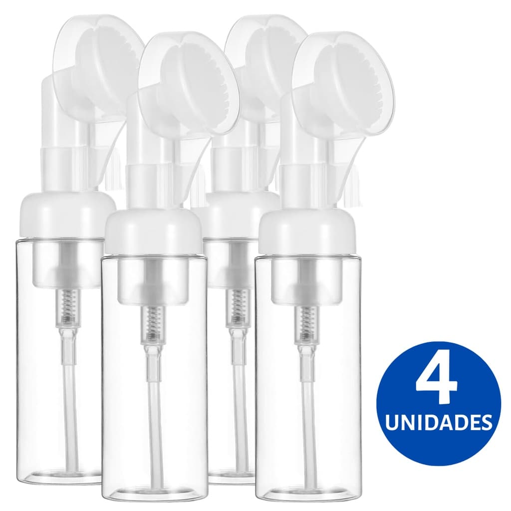 Kit 4 Frascos Pump Skin Care C/ Escova Silicone Macia Para Limpeza Facial