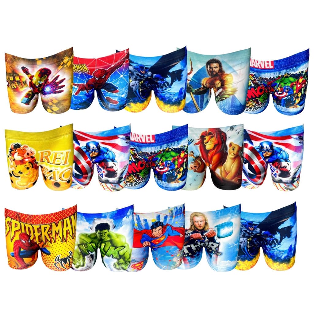 Kit 5 ou  10 Cuecas Infantil Boxer Menino Personagens Super-Heróis Algodão Macia Sortidas