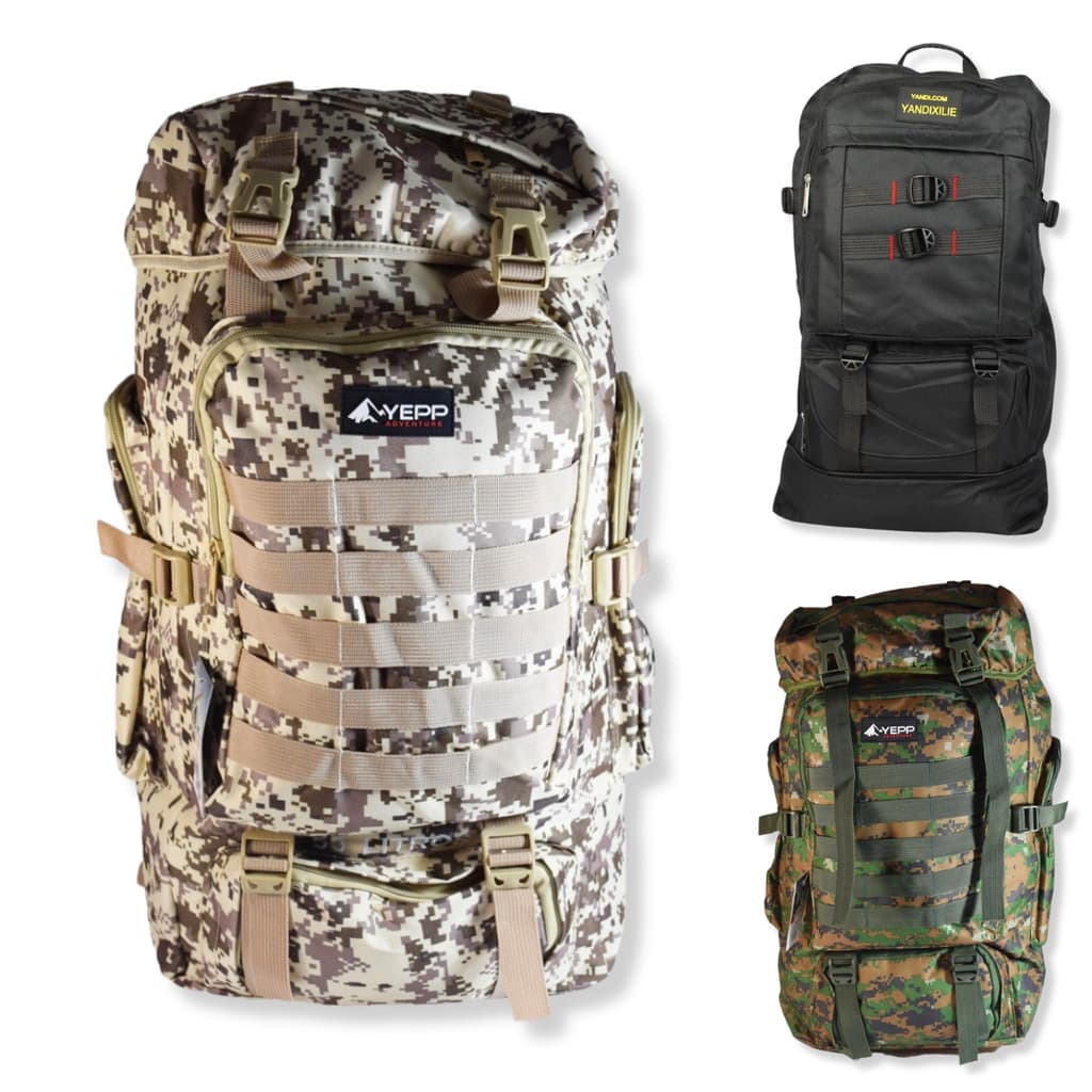 Mochila Grande Camping 55L Militar Bolsa Cargueira Desert, Jungle e Preto - Yepp / Trilha, Viagem