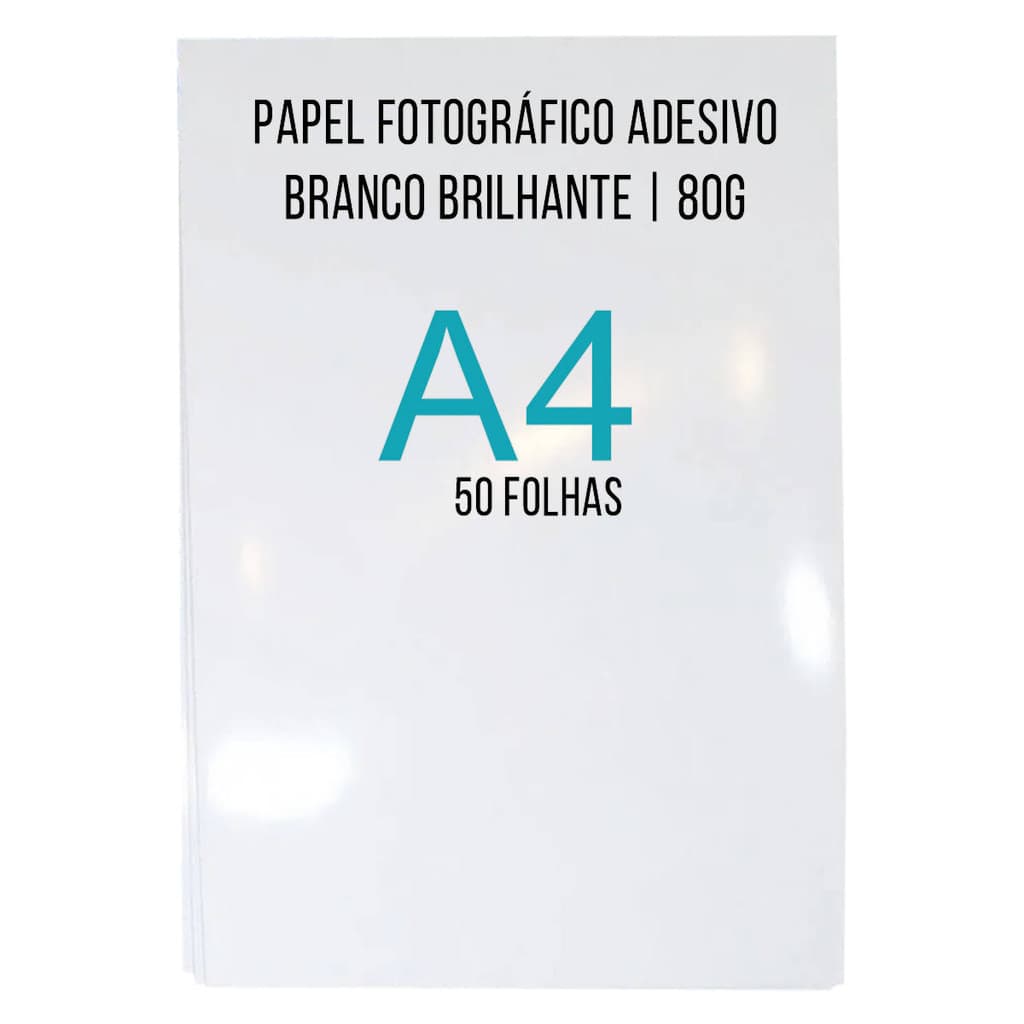 Papel Adesivo A4 80g Glossy Fotográfico Branco Brilhante Pacote com 50 folhas