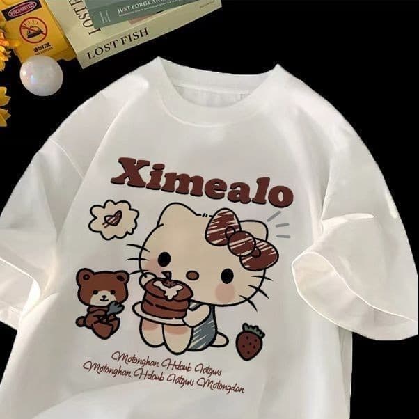 Camiseta Moda Nova Camiseta Hello Kitty Summer American Style Kids'shirt-Camisetas De Manga Curta De Tamanho Médio