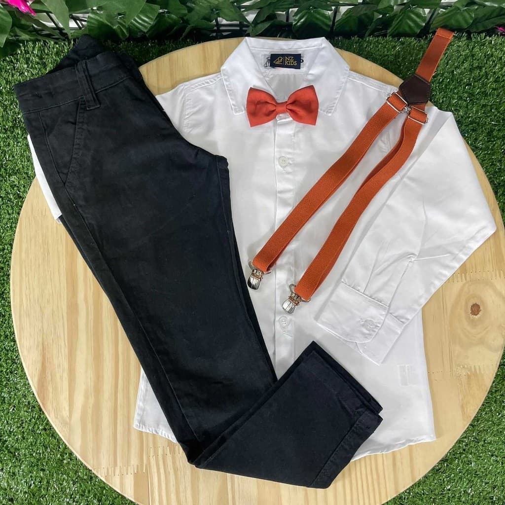 Roupa Calça Preta Camisa Branca Cinto Terracota Infantil Batizado Formatura Pajem Festa Evento Menino Social