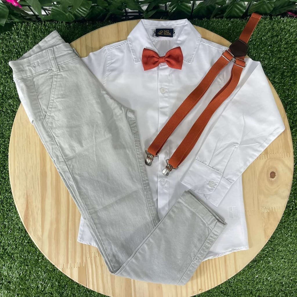 Calça Cinza Camisa Branca Terracota Infantil Batizado Formatura Festa Evento Pajem Menino Social