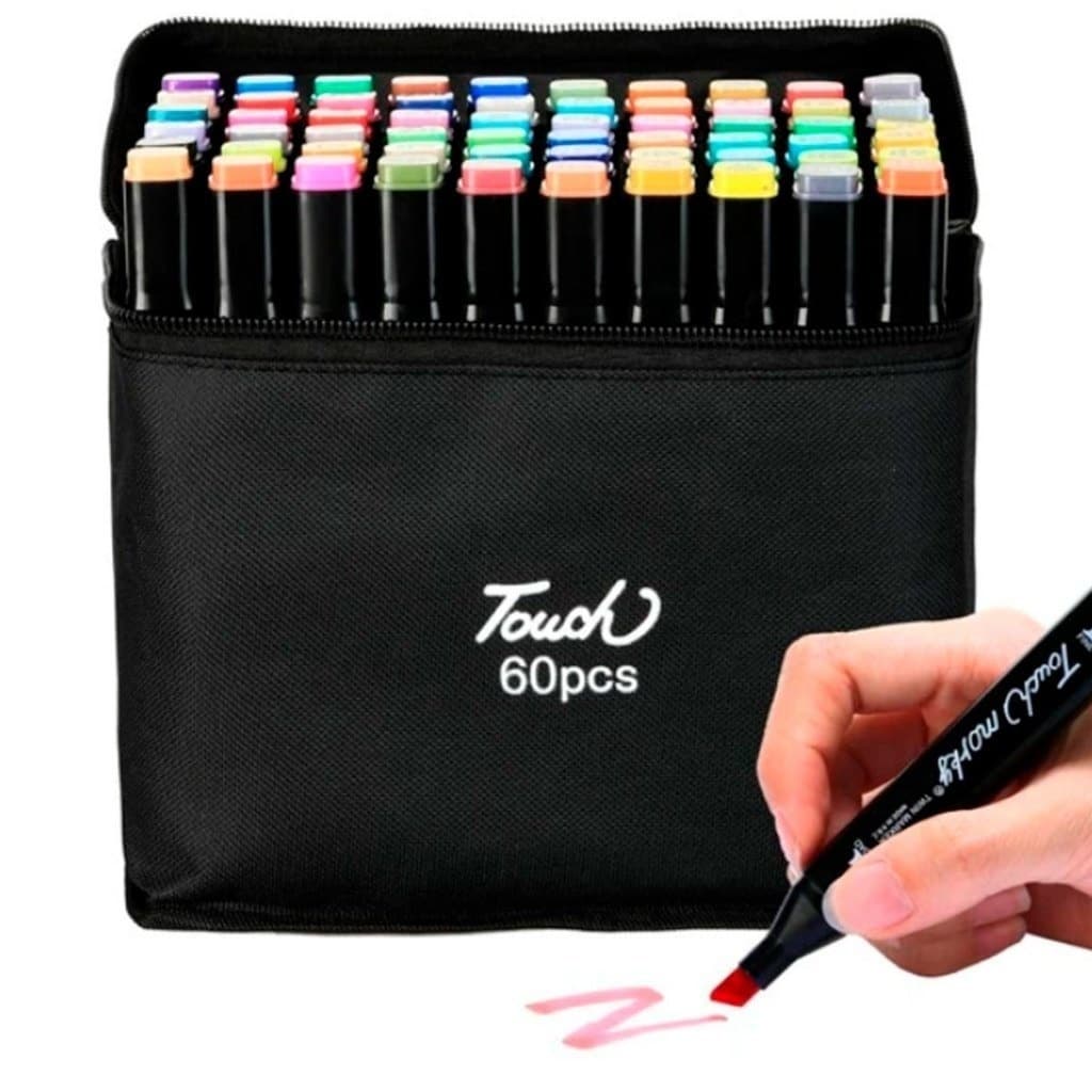 Kit Marcadores Multiuso 60 Cores Ponta Dupla Fine Brush Estojo Escolar Desenho Lettering Arquitetura Arte Profissional
