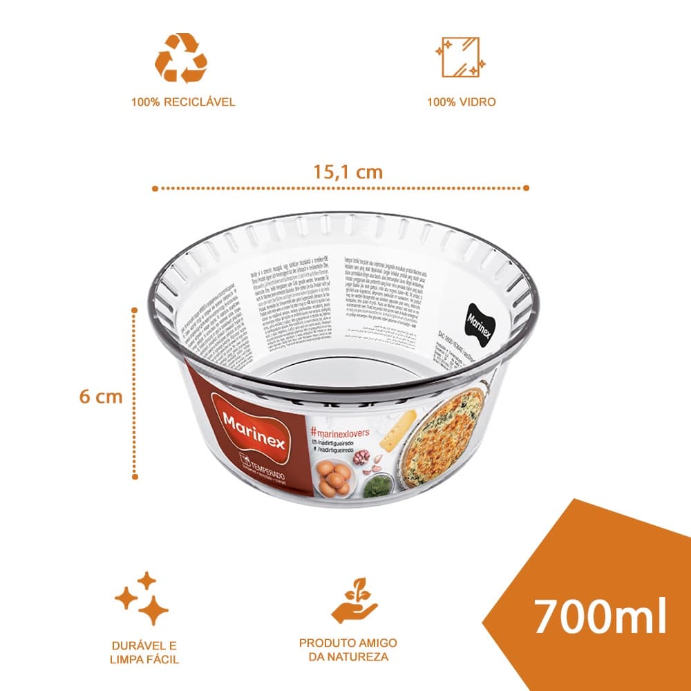 Refratário de Vidro Forma Redonda Suflê 700ml Marinex 3Un