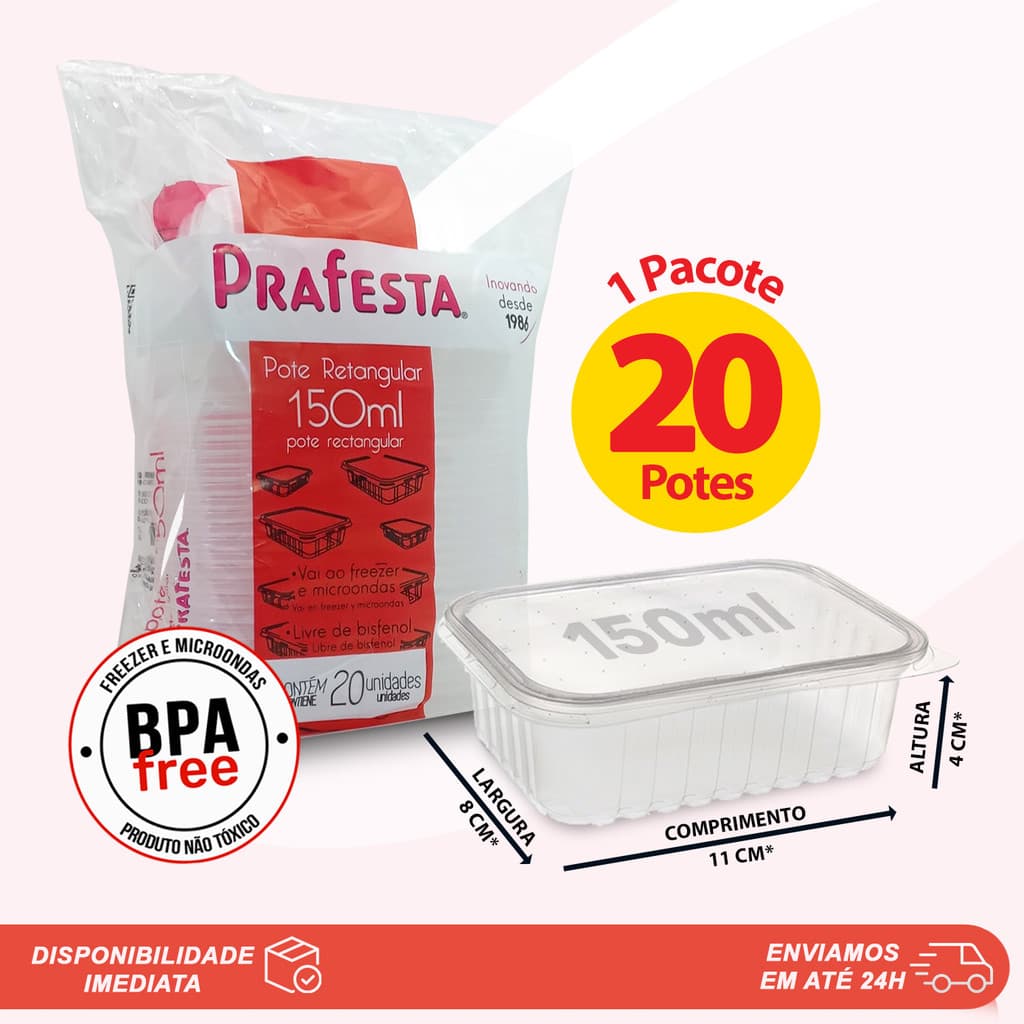 20 Potes 150ml Retangulares Descartáveis Com Tampa Para Freezer e Microondas Prafesta