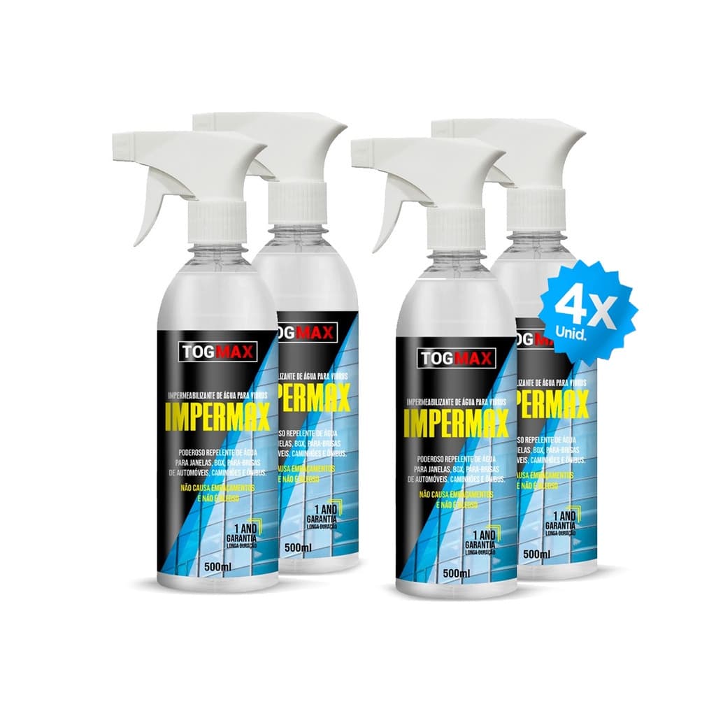 Kit 4x Impermax Repelente Água Vidro 500ml Cristalizador De Vidros Boxs Janelas Espelhos Borrifador