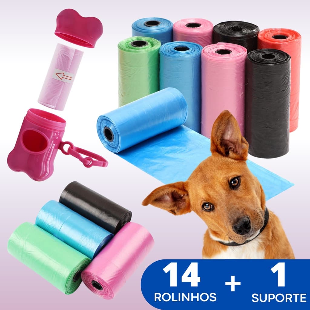 Kit Cata Caca 14 Rolos Refil Com Suporte Alça Para Coleira Cachorro Pet