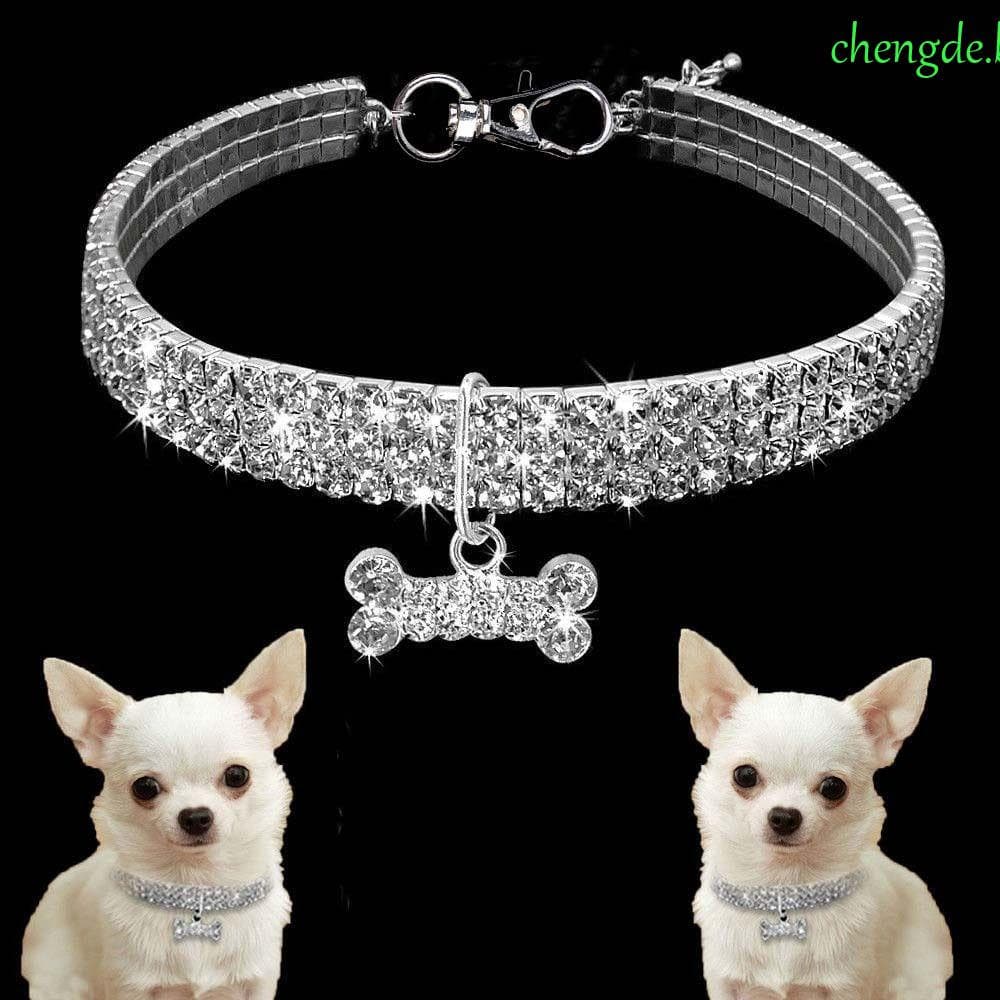 CHENGDEBR Coleira De Cachorro Ajustável Cristal Corrente Brilhante Strass Completo Bling 3 Fileiras Suprimentos Para Ani