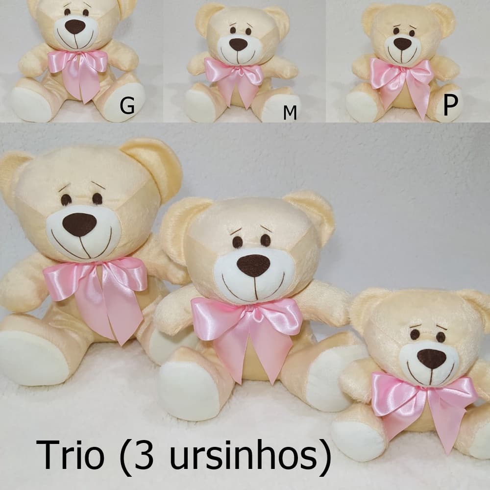 Urso Avulso e Trio De Ursinhos Com Laço Rosa Bebê Cetim P/ Nichos 14cm 20cm 25cm