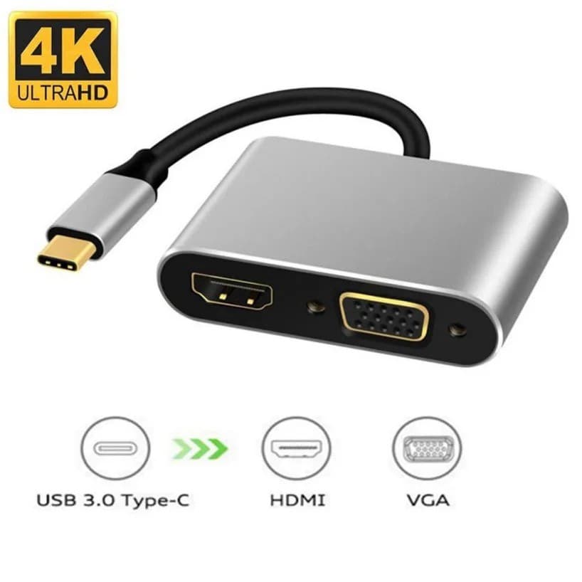 Hub Usb-c Adaptador Conversor 2 em 1 USB-C para HDMI VGA 4K 1080p