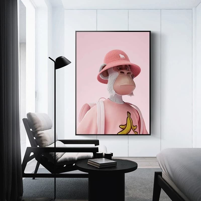 Quadro Decorativo Macaco de Roupa e Chapéu Rosa 60x40 animais