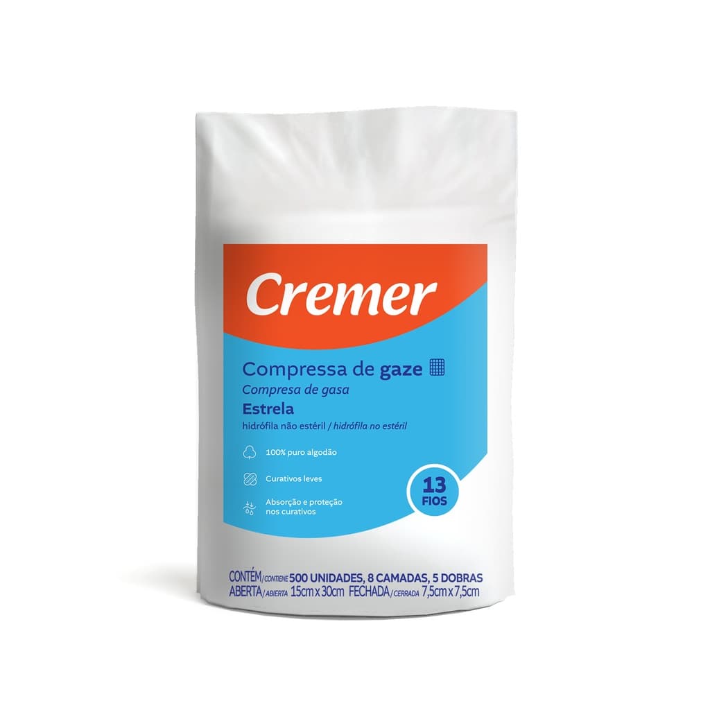 Compressa de Gaze Estrela 7,5x7,5cm 13 Fios c/ 500 Un. Cremer