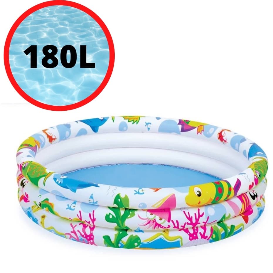 Piscina Infantil Inflável 180 Litros Colorida Praia Verão 3 Anéis Água e Bolinhas