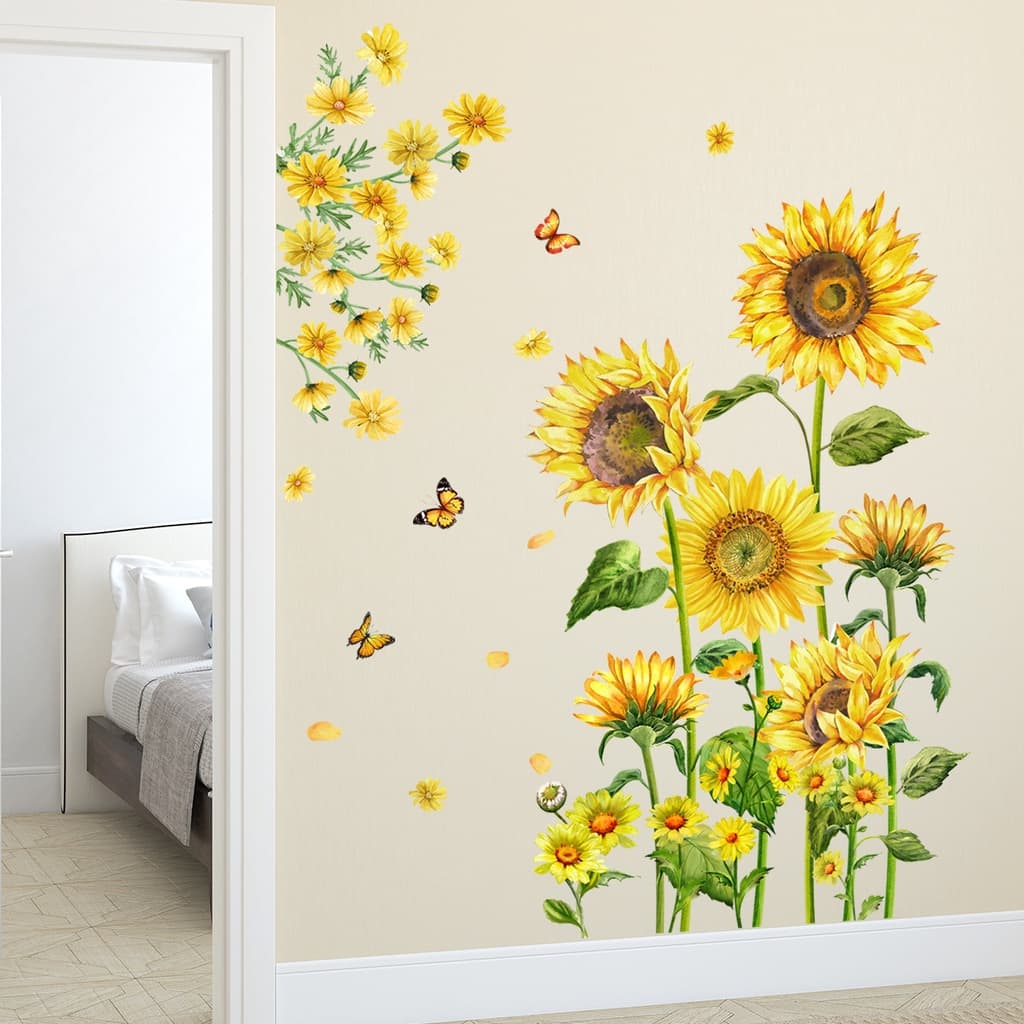 Novo adesivo de parede borboleta girassol Adesivo de parede de fundo de quarto de dormir