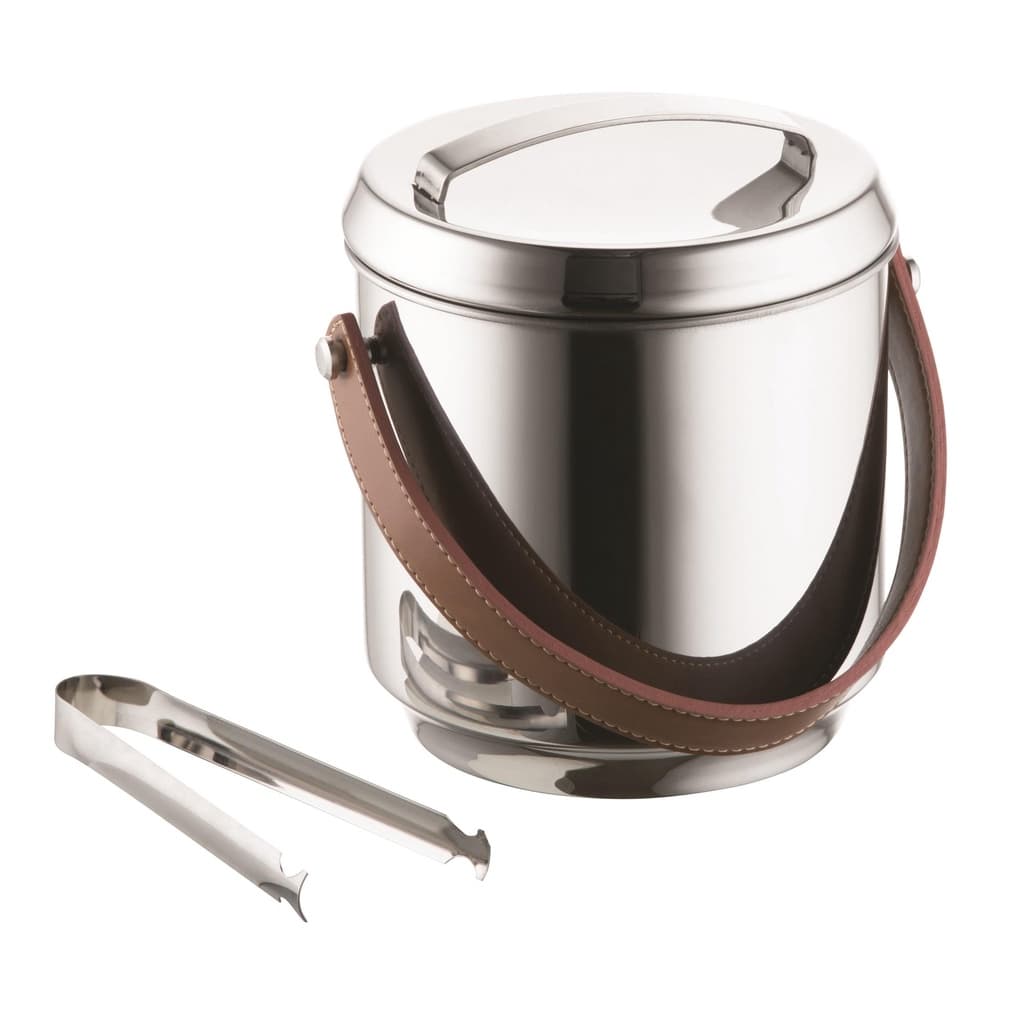 Balde De Gelo Inox Com Alças De Couro Pinça 2,3 Litros Bar Balde Interno Removivel Para Guardar Gelos