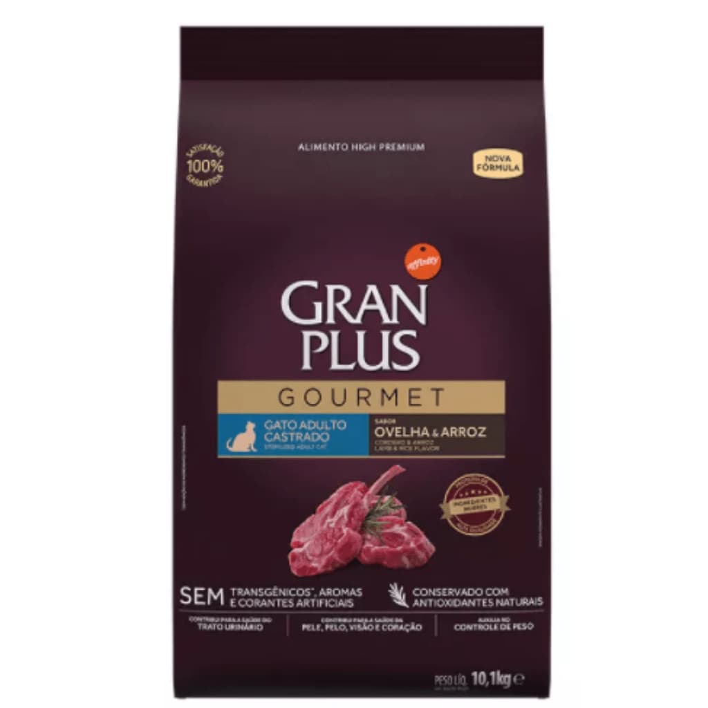 Ração GranPlus Gourmet para Gatos Castrados Sabor Ovelha e Arroz - 10,1KG