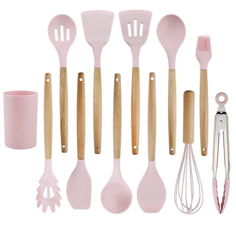 Kit C/12/ Peças Utensílios De Cozinha Colheres Espatula Silicone Cabo Madeira Livre