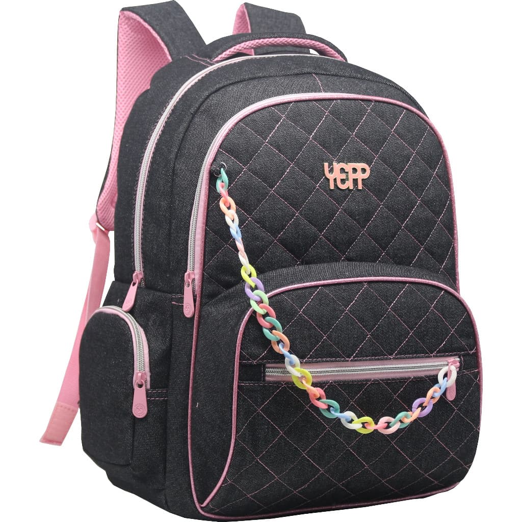 Mochila Grande Escolar Juvenil Jeans Matelasse Teen Feminina