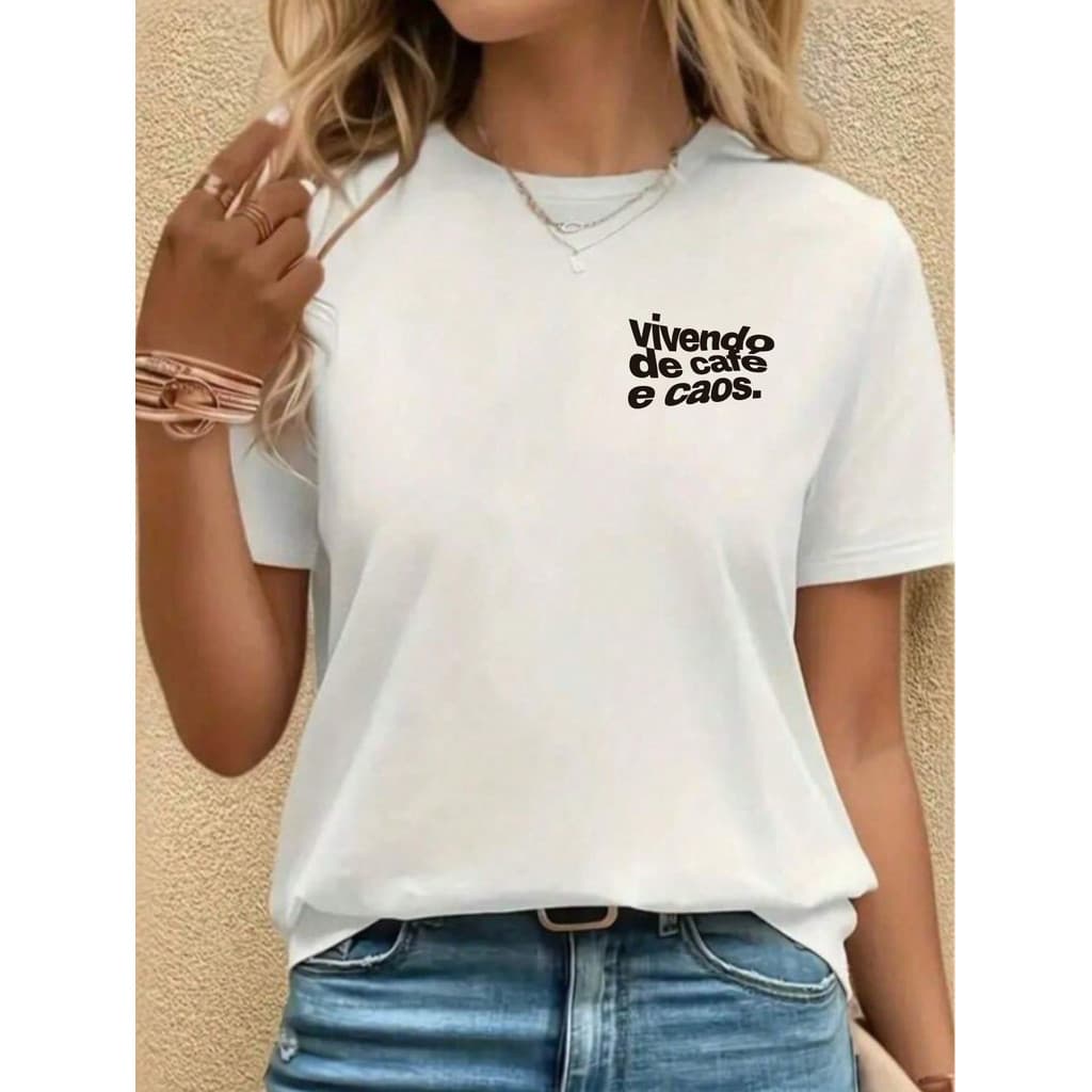 Camiseta Feminina Minimalista Vivendo de Cafe Camisa 100% Algodão Lançamento Toop Casual Blusa Streetwear
