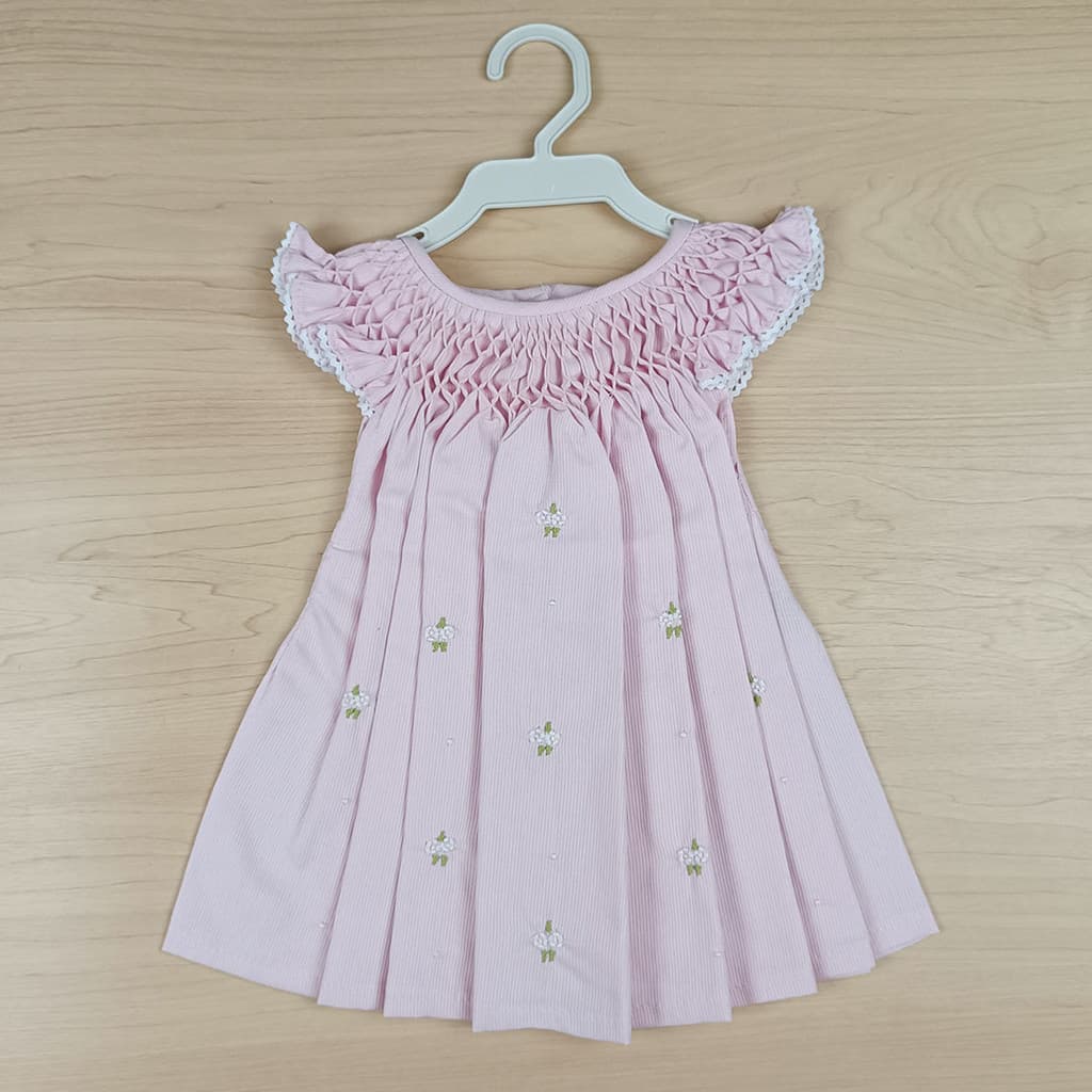 Vestido casinha de abelha | 2~6 meses | Bordado à mão - Rosa bebê