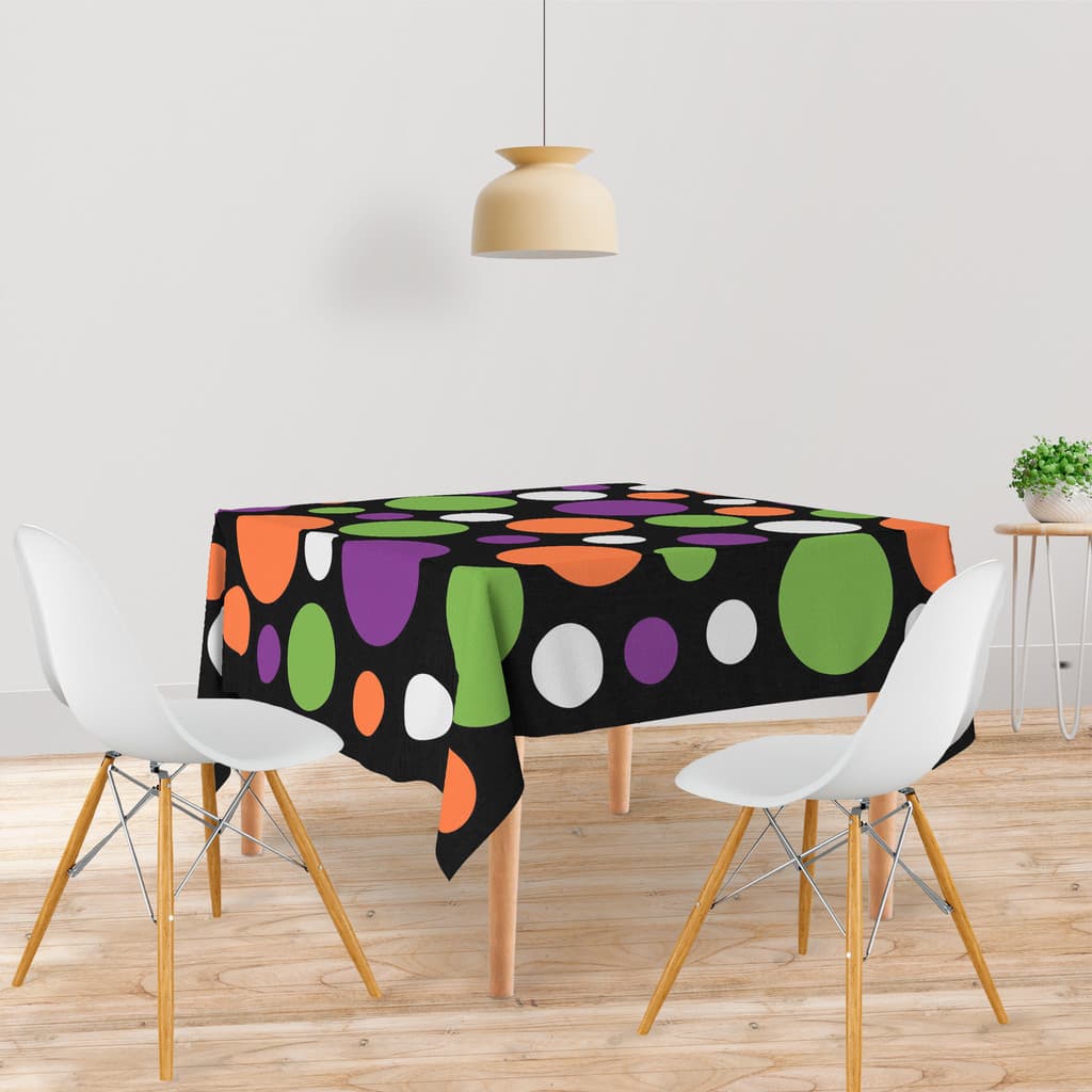 Toalha De Mesa Quadrada 4 Lugares Tecido Oxford Círculos Laranja, Verde e Roxo TL279 - 140x140cm