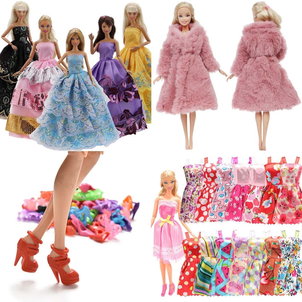 Kit De Acessórios Brinquedos para Bonecas - Vestidos De Princesa Casaco de Pelúcia Fofinho Sapatos Bota Salto Alto Tênis Sandália Sapatilha Chinelo - Sheilinha Confecção