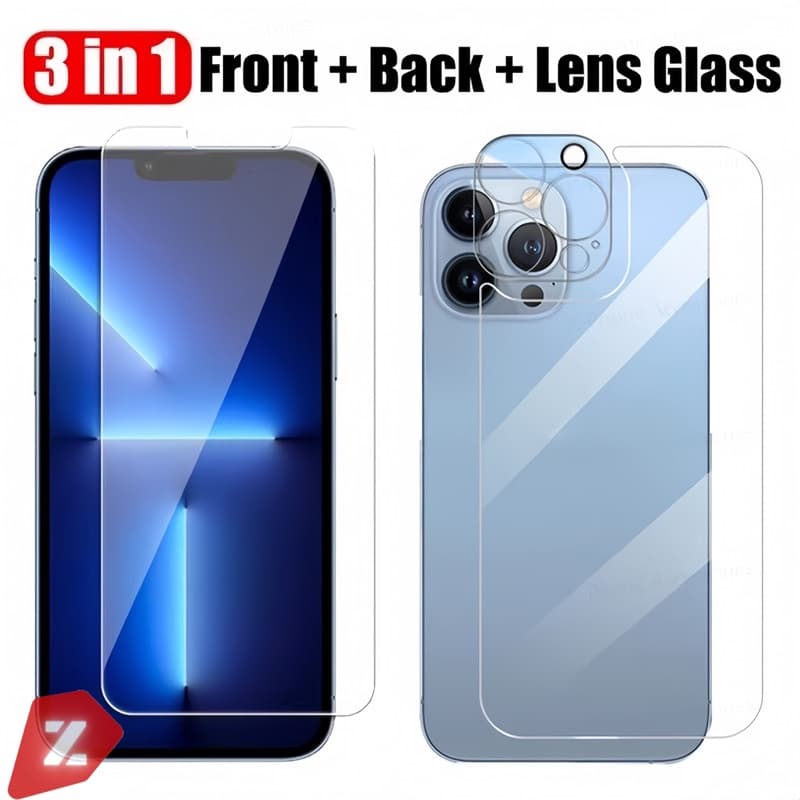 Kit Pelicula de vidro 3D + Câmera traseira + traseira para iPhone 16 15 14 13 12 11 pro max